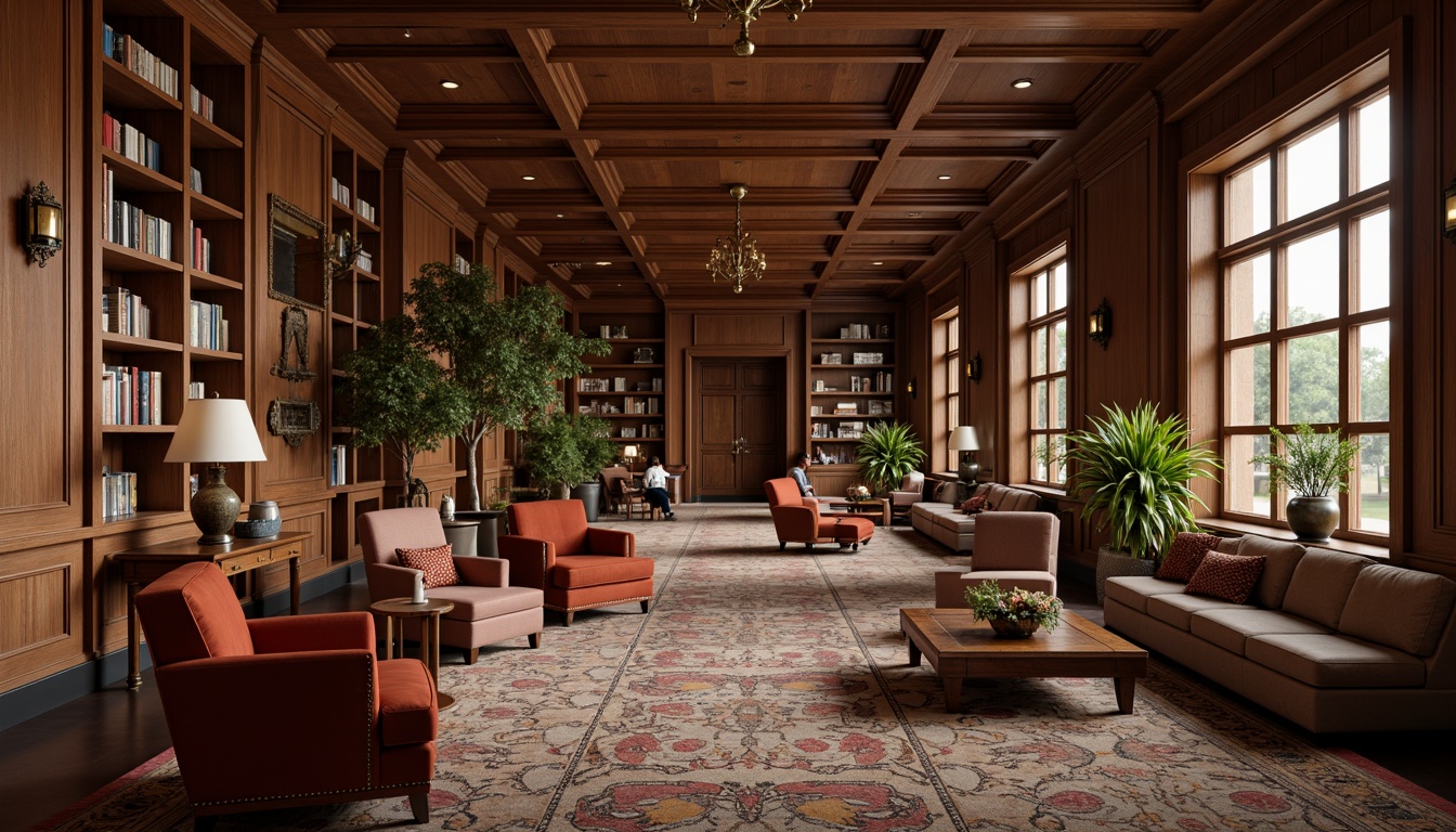 Prompt: Elegant university lounge, rich wooden paneling, plush velvet upholstery, studded leather armchairs, ornate bronze fixtures, classic library tables, comfortable reading nooks, soft warm lighting, neutral color palette, subtle texture variations, vintage-inspired furniture, sophisticated architectural details, refined academic atmosphere, quiet studious ambiance, natural stone flooring, intricate carpet patterns, harmonious color schemes.