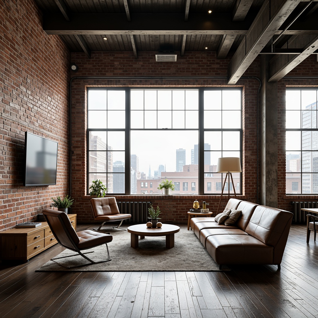 Prompt: Industrial-chic loft space, exposed brick walls, metal beams, reclaimed wood floors, minimalist decor, sleek low-profile furniture, streamline shapes, neutral color palette, industrial-style lighting fixtures, metal accents, leather upholstery, geometric patterns, urban modern feel, airy open layout, abundant natural light, floor-to-ceiling windows, cityscape views, 1/1 composition, high-contrast lighting, dramatic shadows, realistic textures.