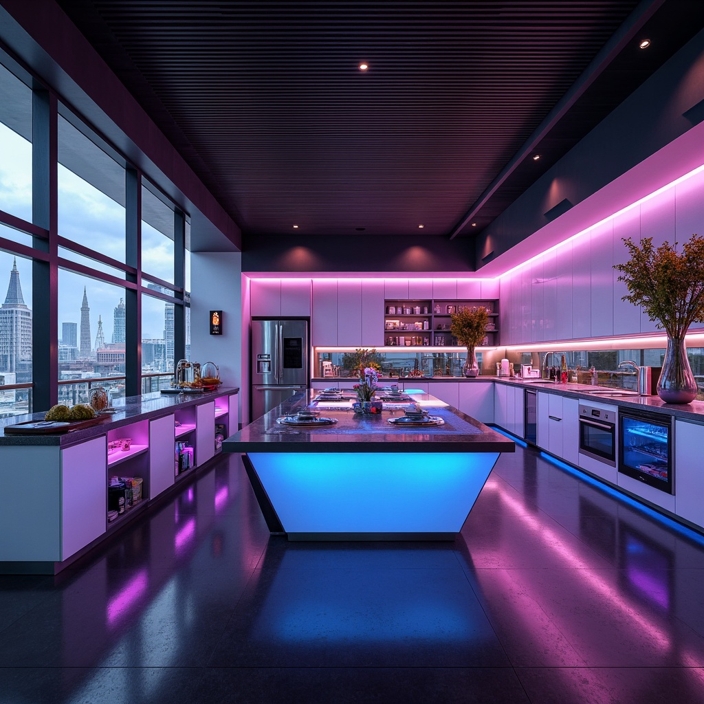 Prompt: Futuristic kitchen interior, sleek cabinetry design, metallic surfaces, neon-lit ambient lighting, glossy acrylic countertops, geometric-shaped island, high-tech appliances, touchless faucets, induction cooktops, minimalist backsplash, floor-to-ceiling windows, cityscape views, modernist architecture, robotic arms, automated storage systems, holographic displays, vibrant color schemes, 3D-printed decor, levitating shelves, softbox lighting, shallow depth of field, panoramic view.