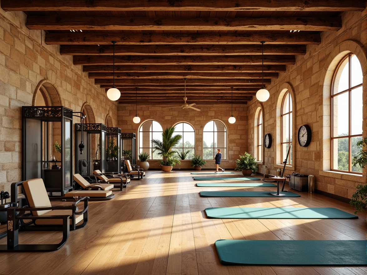 Prompt: Warm Mediterranean gymnasium, rustic stone walls, wooden accents, earthy color palette, natural light pouring in, large windows, arched doorways, ornate metalwork, soft warm lighting, suspended lanterns, LED strip lights, ambient shadows, shallow depth of field, 1/2 composition, realistic textures, subtle color grading, athletic equipment, fitness machines, exercise mats, wooden flooring, Mediterranean-inspired patterns, vibrant turquoise accents.