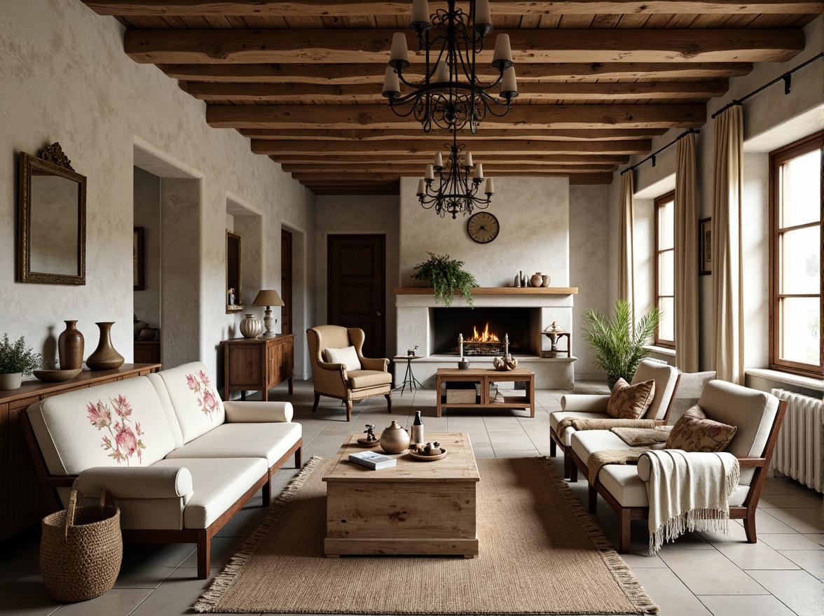 Prompt: Rustic French country cottage, distressed wood beams, natural stone walls, vintage furniture, soft warm lighting, floral patterns, toile de Jouy fabrics, linen textiles, burlap upholstery, velvet drapes, lace trimmings, earthy color palette, muted tones, soft pastels, woven baskets, antique accessories, ornate mirrors, elegant chandeliers, cozy throw blankets, plush area rugs, traditional French motifs, subtle sheen, natural fibers, organic textures, warm inviting ambiance.