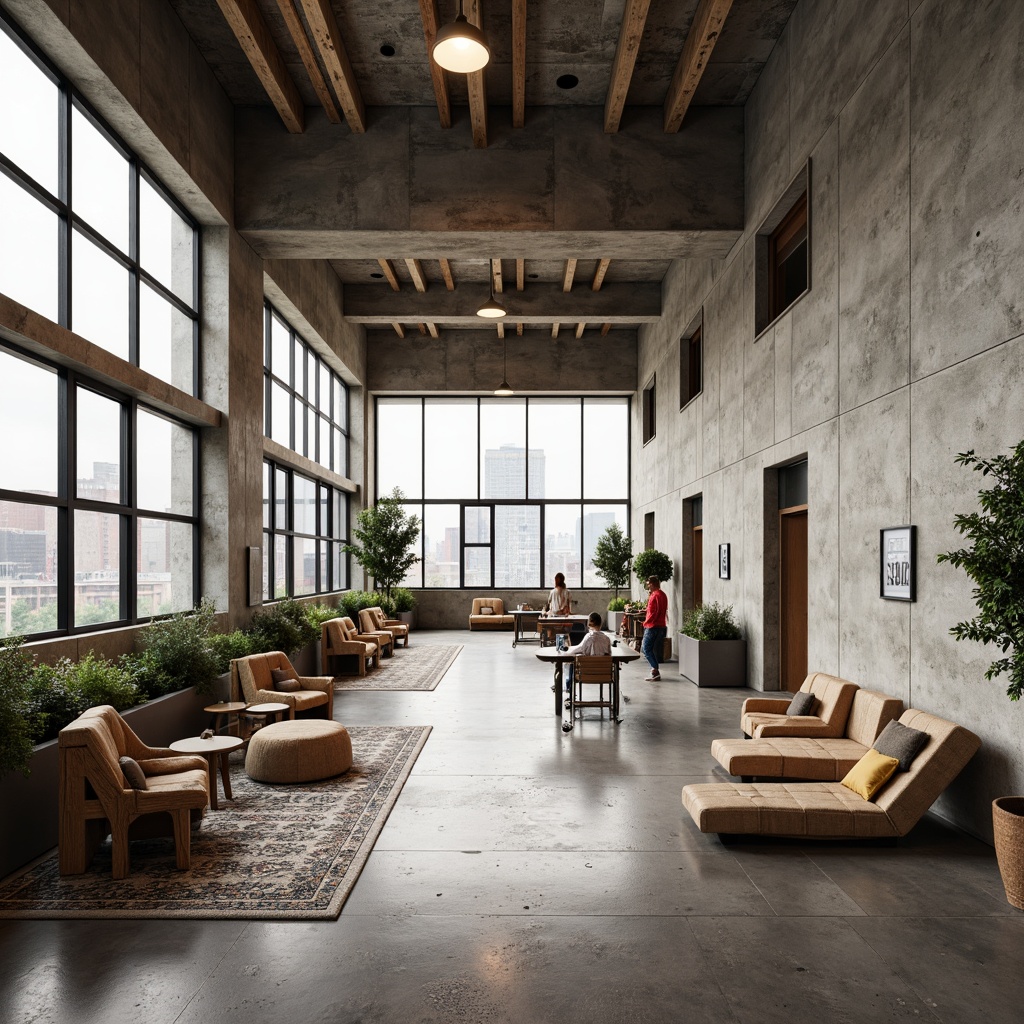 Prompt: Exposed concrete walls, industrial-style lighting fixtures, minimalist d\u00e9cor, raw steel beams, functional layout, open-plan waiting area, brutalist-inspired furniture, chunky wooden accents, earth-toned color palette, textured stone floors, geometric-patterned rugs, oversized windows, natural light pouring in, urban cityscape views, sleek metal dental equipment, modern technology integration, bold typography signage, concrete-reinforced columns, raw industrial materials, dramatic high ceilings, functional zones for treatment areas, cozy nooks for patient relaxation, bold color accents, dynamic spatial flow.