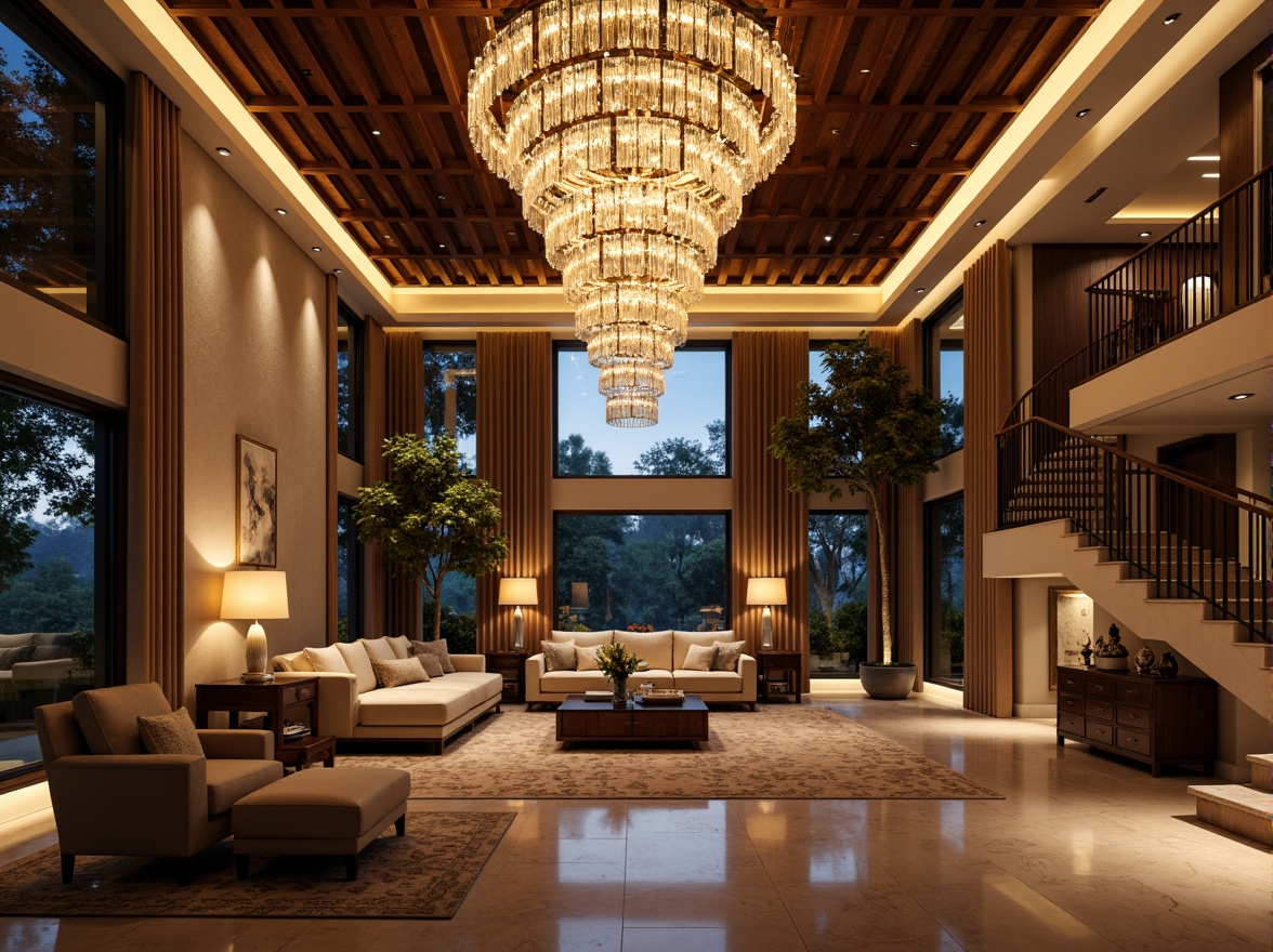 Prompt: Luxurious villa interior, grand chandelier, warm golden lighting, ornate metalwork, crystal droplets, lavish furnishings, rich wood tones, marble flooring, high ceilings, floor-to-ceiling windows, natural daylight, soft ambient glow, cozy reading nooks, layered lighting design, dimmable LED lights, elegant pendant lights, subtle under-cabinet illumination, dramatic staircase illumination.