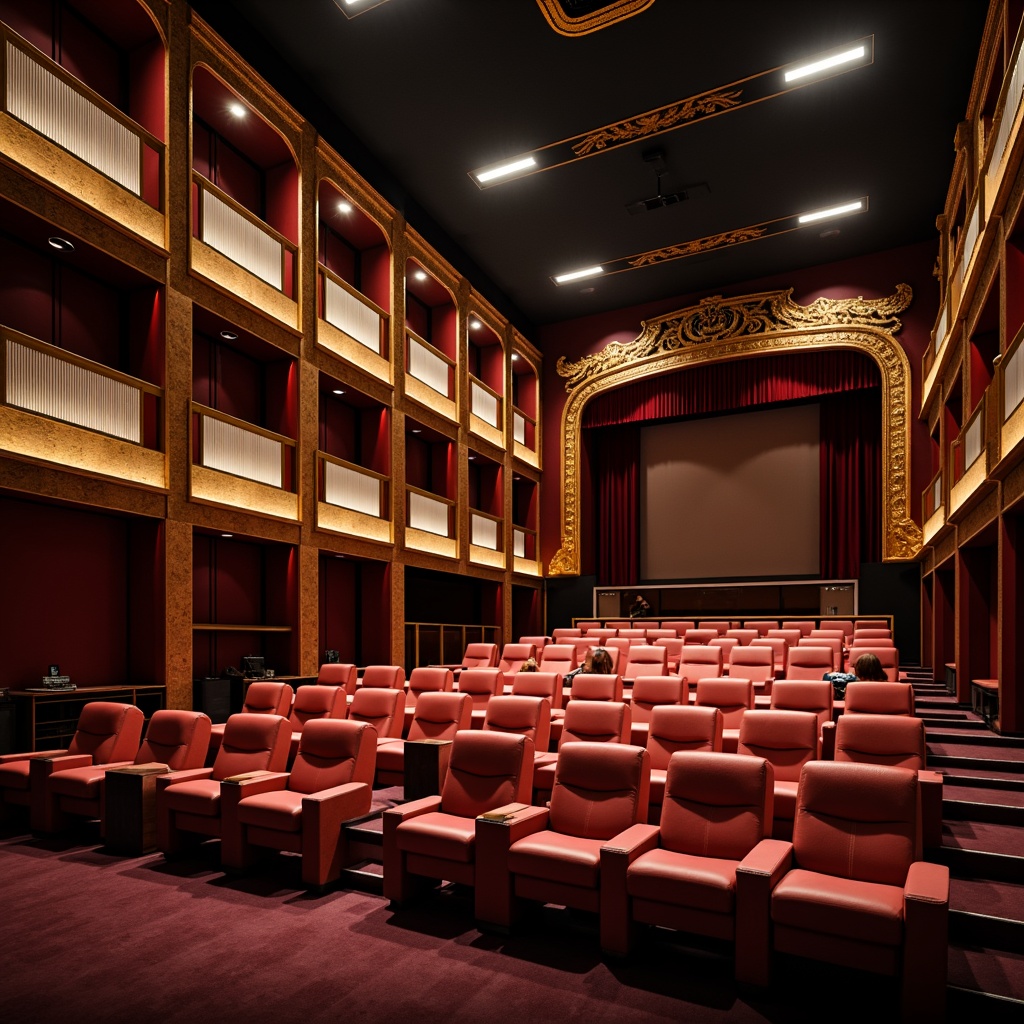 Prompt: Elegant theater interior, plush red velvet seats, ornate golden trim, sound-absorbing acoustic panels, wooden walls, high ceilings, soft ambient lighting, subtle shadows, professional audio equipment, stage lights, microphone stands, spotlights, soundboards, mixing consoles, optimal sound quality, clear vocal clarity, minimal echo, rich bass tones, precise treble frequencies, cinematic experience, dramatic performances, 3/4 composition, shallow depth of field, warm color palette, realistic textures.