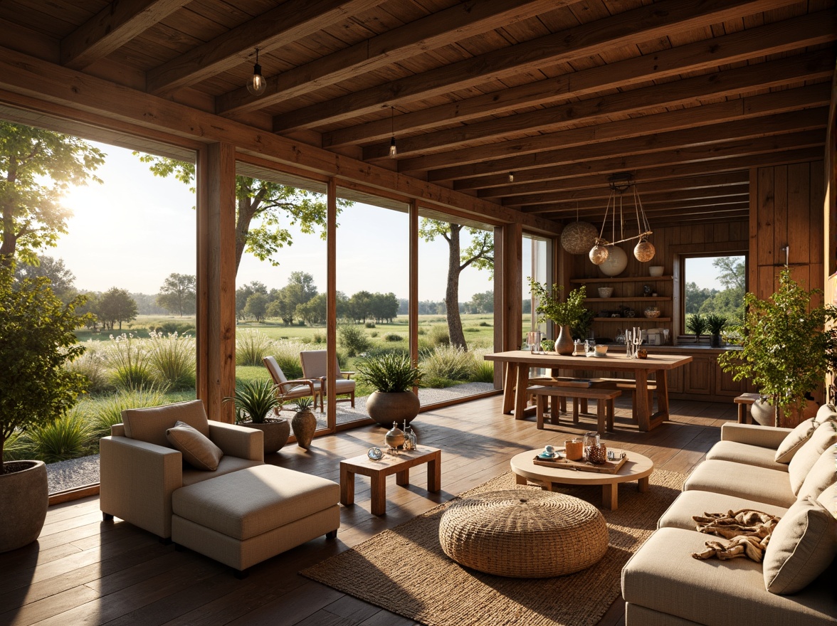 Prompt: Rustic farmhouse, open floor plan, reclaimed wood accents, exposed beams, wooden furniture, vintage decor, natural textiles, earthy color palette, large windows, sliding glass doors, countryside views, lush greenery, wildflowers, warm sunlight, cozy atmosphere, soft warm lighting, shallow depth of field, 3/4 composition, realistic textures, ambient occlusion.