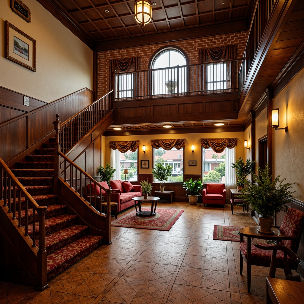 Prompt: \Polished hardwood floors, intricate mosaic tiles, ornate carpet patterns, grand staircase, rich wood paneling, vintage furniture pieces, warm atmospheric lighting, cozy corner seating areas, large windows with ornate drapery, community center signage, rustic brick walls, high ceilings with decorative moldings, classic architectural details, soft warm color palette, shallow depth of field, 1/2 composition, realistic textures, ambient occlusion.\