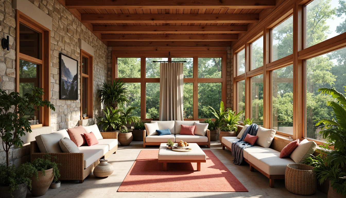 Prompt: Warm sunroom, natural wood accents, earthy terracotta tones, soft creamy whites, calming blues, vibrant coral hues, lush greenery, potted plants, wicker furniture, plush throw pillows, rustic stone walls, large windows, sliding glass doors, bright sunny day, warm golden lighting, shallow depth of field, 1/1 composition, inviting textures, cozy atmosphere.