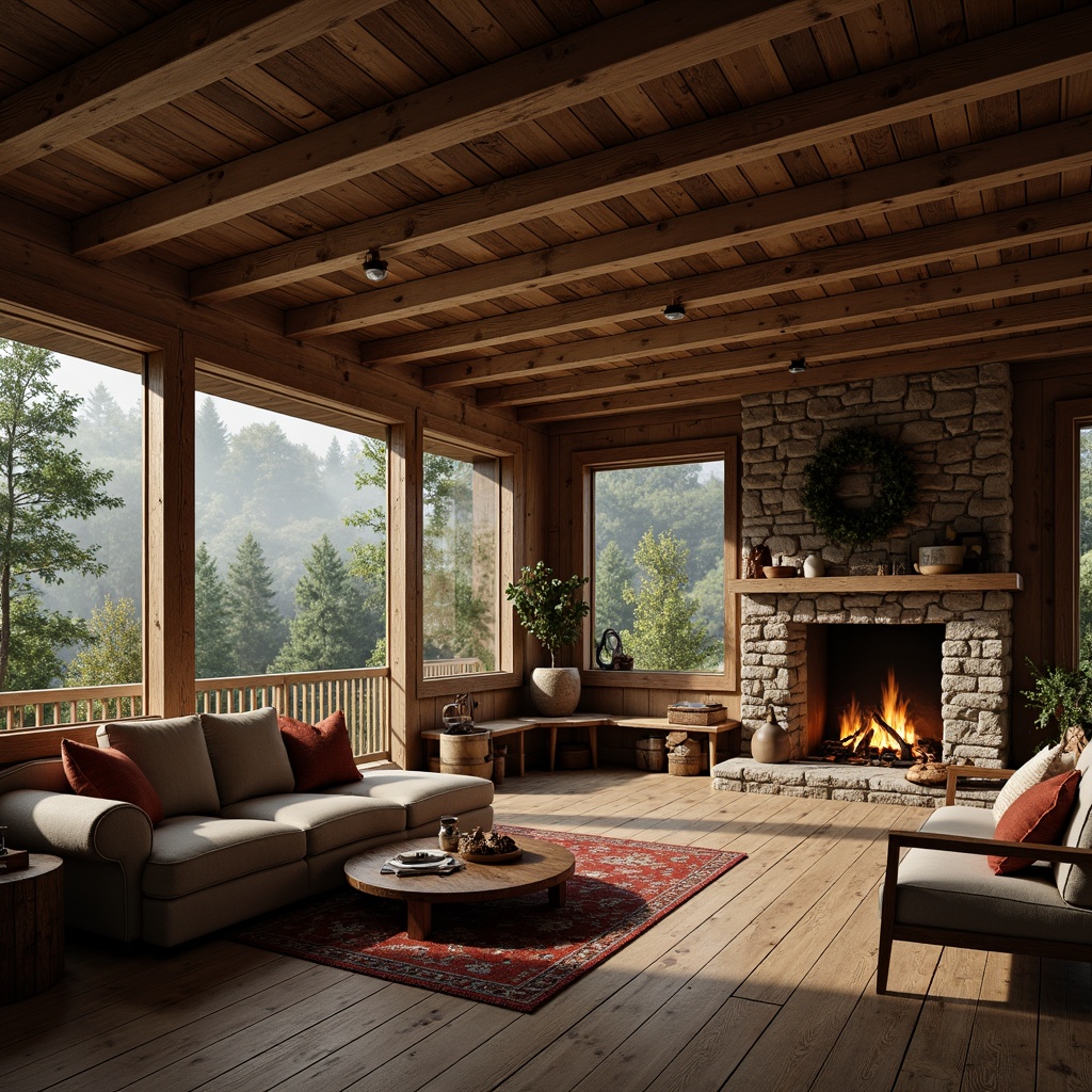 Prompt: Rustic wooden cabin, exposed wood beams, natural textures, earthy tones, cozy atmosphere, warm lighting, crackling fireplace, plush furnishings, woven rugs, stone walls, forest surroundings, misty morning, soft focus, shallow depth of field, 1/2 composition, warm color palette.