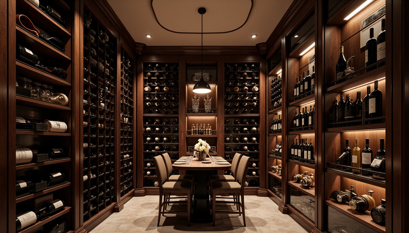 Prompt: Luxurious wine cellar, dark wood shelving, ornate metalwork, rich leather accents, ambient warm lighting, subtle glass reflections, elegant curvaceous lines, sophisticated cabinetry, premium glass doors, climate-controlled environment, humidity regulation system, soft focused spotlighting, 1/1 composition, realistic textures, atmospheric rendering.