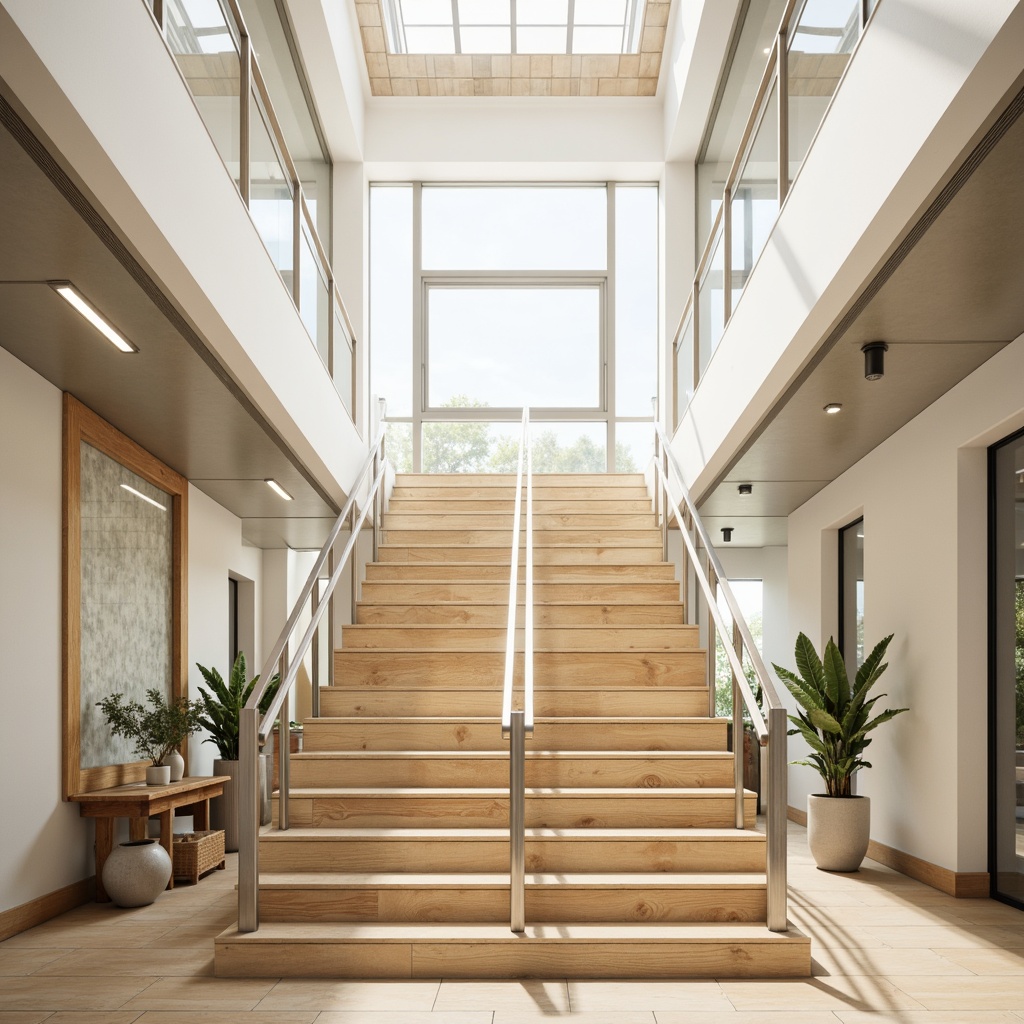 Prompt: Airy atrium, sleek metal railings, polished chrome handrails, minimalist newel posts, open tread stairs, light oak wood steps, creamy white walls, large windows, abundant natural light, soft warm glow, shallow depth of field, 1/1 composition, realistic textures, ambient occlusion.