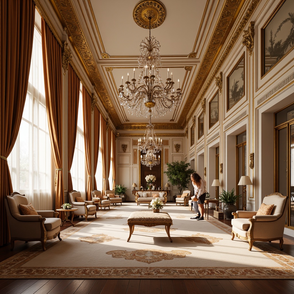 Prompt: Opulent ballroom, grand chandelier, intricate moldings, gilded frames, ornate mirrors, lavish furnishings, velvet drapes, golden accents, soft warm lighting, shallow depth of field, 3/4 composition, panoramic view, realistic textures, ambient occlusion, curved lines, asymmetrical balance, delicate florals, shell-shaped motifs, pastel color palette, luxurious fabrics, intricate carvings, ornate plasterwork, Baroque-inspired architecture, whimsical patterns, lavish ornamentation.