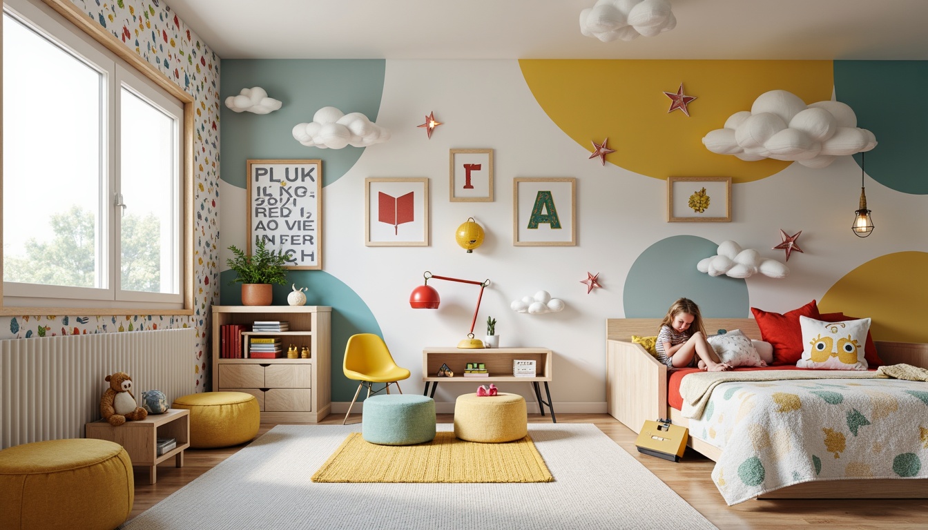 Prompt: Vibrant kids' bedroom, playful color scheme, whimsical furniture, curved lines, soft cushions, plush carpets, natural wood accents, modern minimalism, Scandinavian-inspired decor, geometric patterns, bold typography, educational wall art, cozy reading nooks, built-in shelving units, storage ottomans, adjustable desks, ergonomic chairs, fun lighting fixtures, cloud-shaped decorations, pastel hues, textured fabrics, lively wallpaper, 1/1 composition, softbox lighting, realistic reflections.