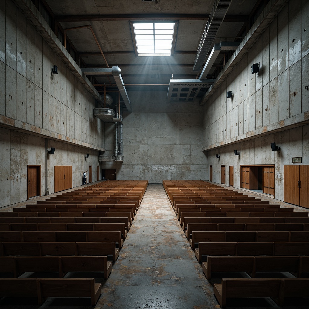 Prompt: Rugged auditorium interior, brutalist architecture, raw concrete walls, exposed ductwork, industrial-style seating, row upon row of wooden benches, cold harsh lighting, dramatic shadows, minimalist decoration, functional design, steeply pitched roof, open floor plan, vast empty space, urban aesthetic, distressed metal accents, reclaimed wood textures, bold geometric shapes, overhead catwalks, dynamic sightlines, 2.35 cinematography, high-contrast rendering, atmospheric misting effects.