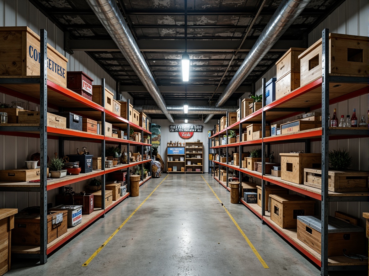 Prompt: Industrial-chic garage, metal shelving units, sleek aluminum frames, bold red accents, distressed wood finishes, rustic storage crates, vintage automotive signs, eclectic decorative trinkets, concrete floors, exposed ductwork, modern LED lighting, shallow depth of field, 1/1 composition, gritty textures, dramatic shadows.