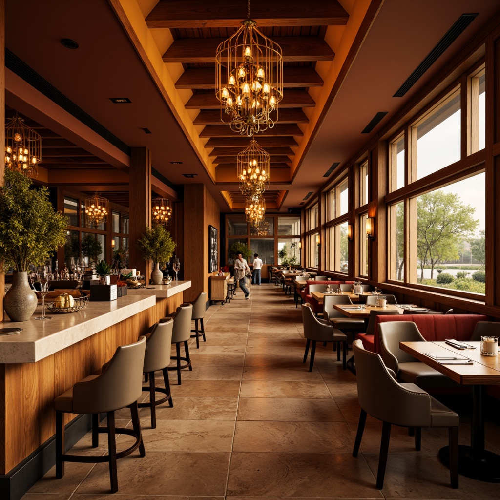 Prompt: Warm inviting dining room, rich wood tones, elegant chandeliers, comfortable seating, soft velvety fabrics, earthy terracotta walls, creamy marble countertops, warm golden lighting, shallow depth of field, 1/1 composition, realistic textures, ambient occlusion.