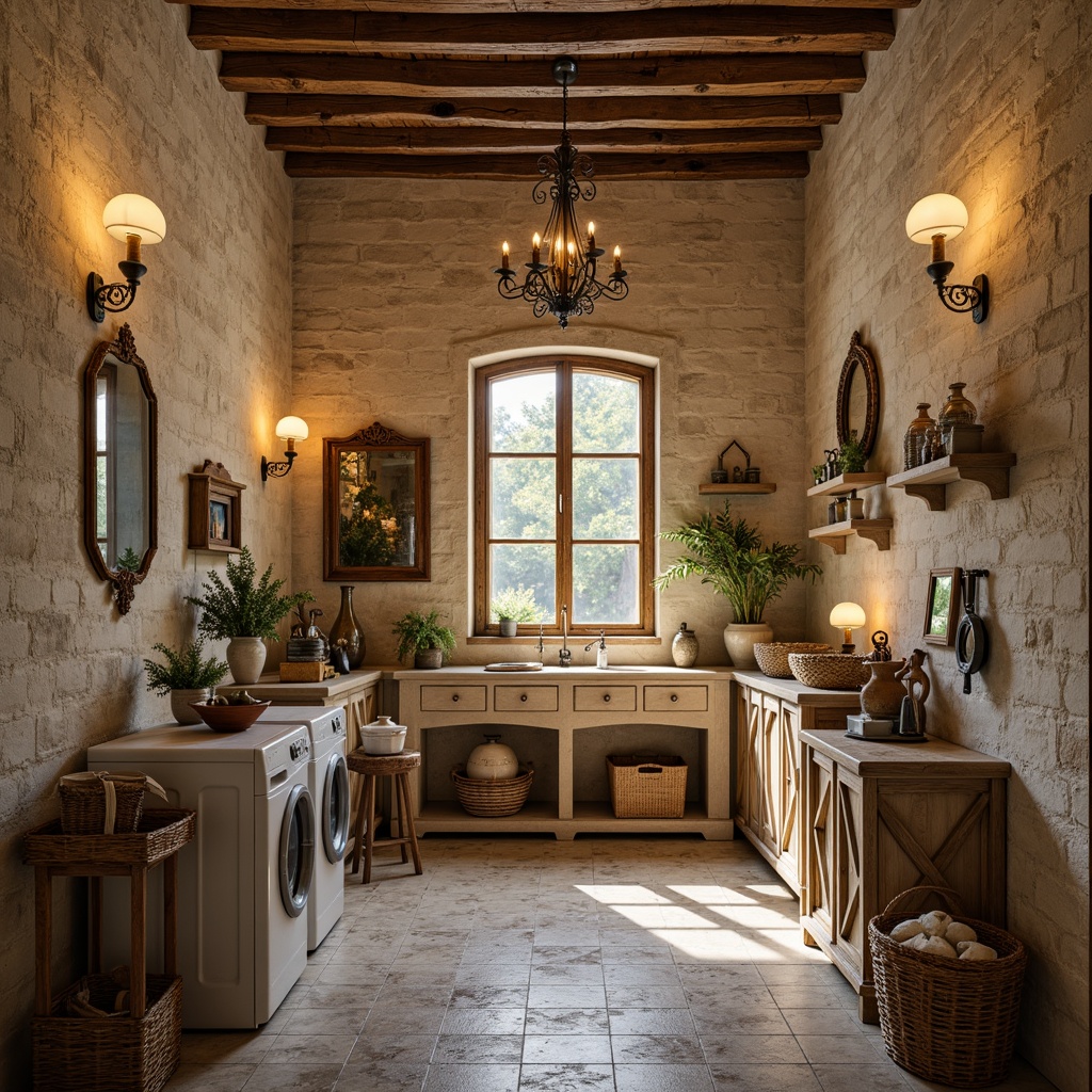 Prompt: Rustic laundry room, textured stone walls, distressed wooden accents, ornate metal fixtures, soft warm lighting, Renaissance-inspired arches, classical columns, elegant chandeliers, vintage washing machines, antique irons, woven baskets, floral patterns, earthy color palette, natural fabrics, ornamental mirrors, decorative ceramics, Mediterranean-style tiles, warm beige tones, subtle golden highlights, shallow depth of field, 1/2 composition, soft focus blur.