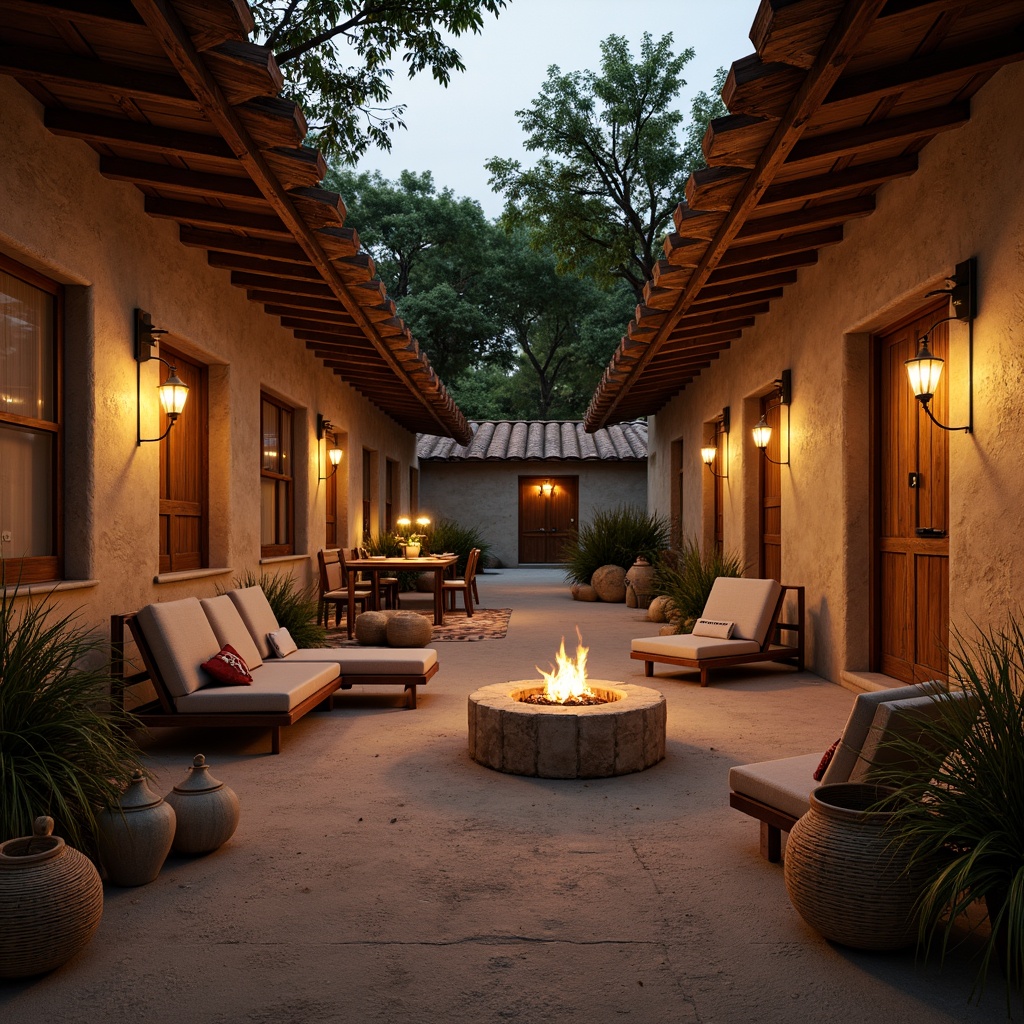 Prompt: Rustic village setting, earthen walls, wooden accents, traditional roofing tiles, warm ambient lighting, soft lanterns, candles, fire pit, cozy seating areas, natural textiles, woven baskets, vintage furniture, earthy color palette, warm beige tones, soft shadows, gentle highlights, 1/2 composition, intimate atmosphere, realistic render.