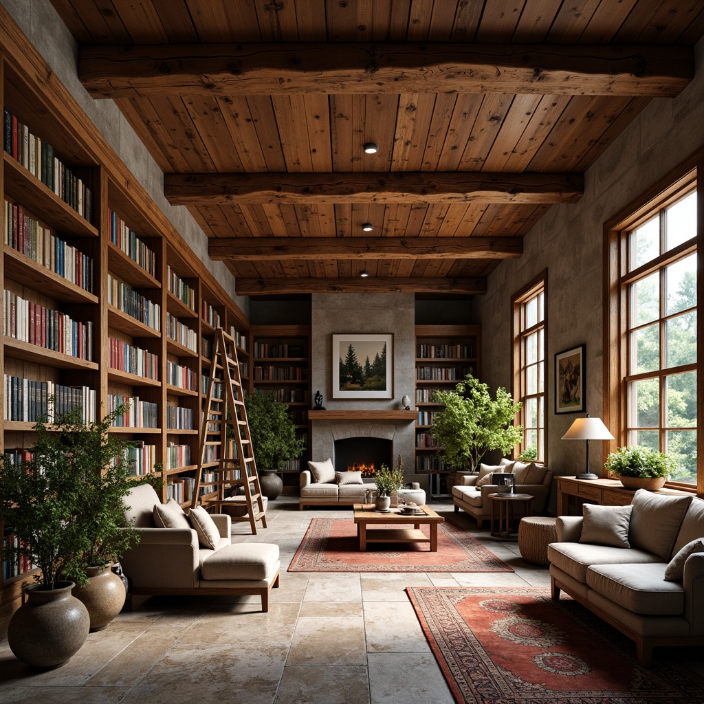 Prompt: Rustic wooden library, reclaimed wood shelves, vintage metal ladders, cozy reading nooks, earthy color palette, natural stone flooring, warm lighting, rich wood tones, classic literature displays, leather-bound books, comfortable seating areas, plush rugs, wooden beams, distressed finishes, organic textures, nature-inspired accents, forest views, sunny afternoon, soft focus, 1/1 composition, intimate atmosphere, realistic wood grain.