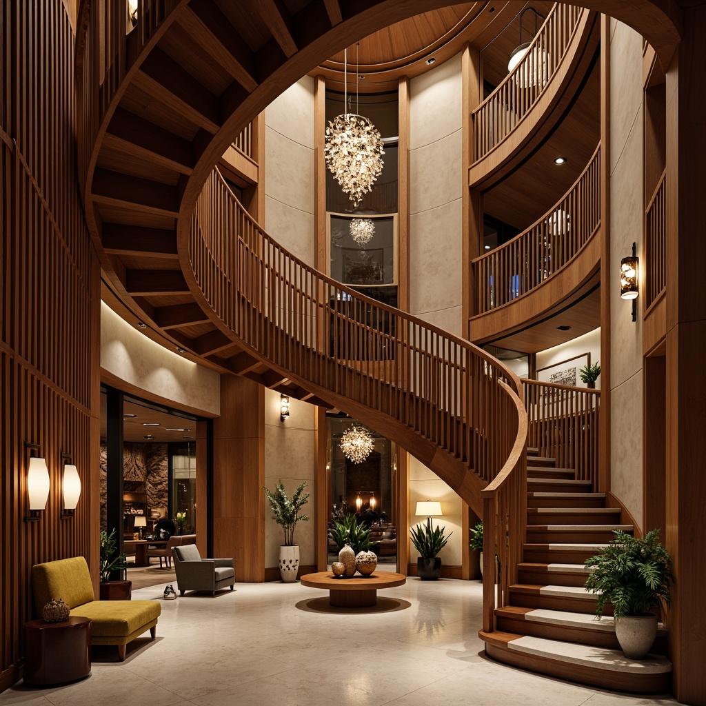 Prompt: Spiral staircase, flowing curves, organic shapes, luxurious materials, polished wood railings, sleek metal banisters, grand entrance hall, opulent chandeliers, soft warm lighting, shallow depth of field, 1/2 composition, realistic textures, ambient occlusion, sweeping curves, elegant lines, sophisticated architecture, lavish interior design, rich velvet upholstery, ornate decorative elements.