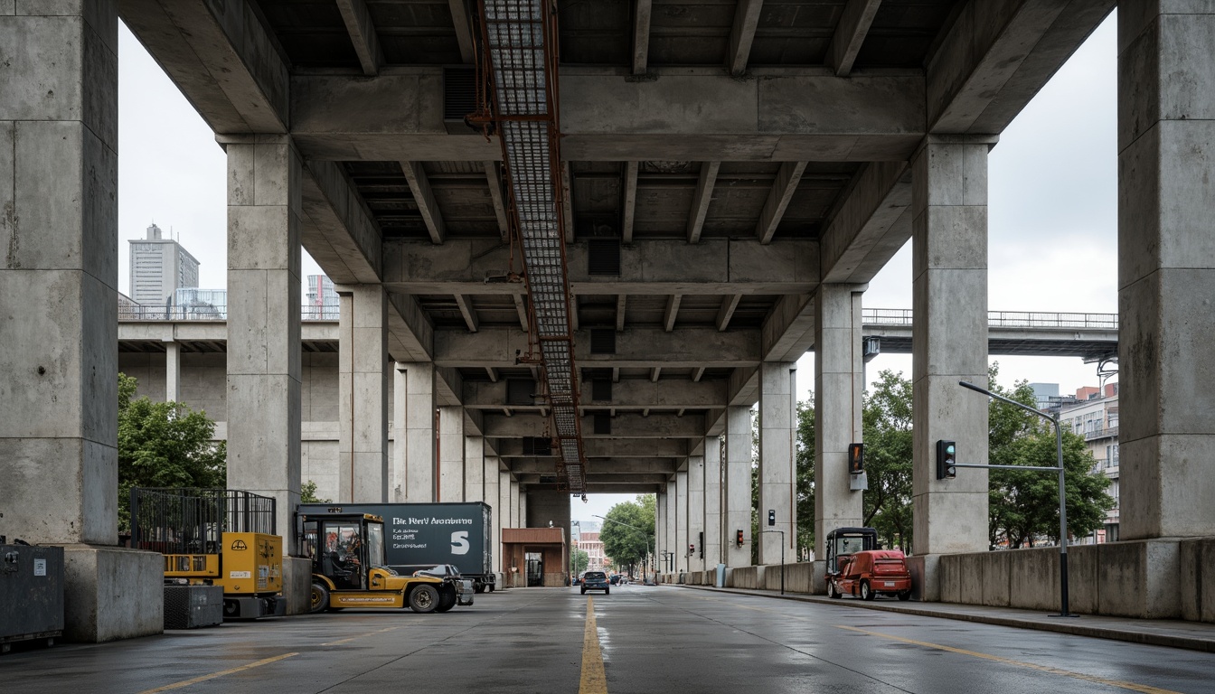 Prompt: Exposed concrete columns, rugged industrial textures, raw steel beams, functional ductwork, mechanical equipment, overhead cranes, loading docks, cargo elevators, warehouse storage racks, metal mesh walkways, corrugated metal roofs, brutalist architectural style, functional simplicity, bold geometric forms, industrial-scale machinery, concrete flooring, urban cityscape background, cloudy overcast sky, dramatic high-contrast lighting, shallow depth of field, 1/1 composition, realistic materials, ambient occlusion.