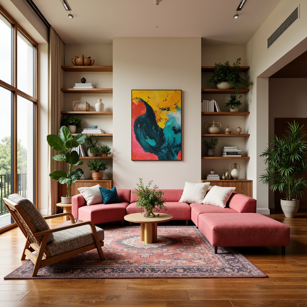 Prompt: Vibrant living room, eclectic furniture, bold color scheme, contrasting textures, patterned rugs, statement walls, modern abstract art, floor-to-ceiling windows, natural light, warm beige tones, rich wood accents, metallic gold details, soft pastel hues, velvety upholstery, lush greenery, plants on shelves, minimalist decor, neutral background, pops of bright colors, 1/1 composition, shallow depth of field, realistic textures, ambient occlusion.