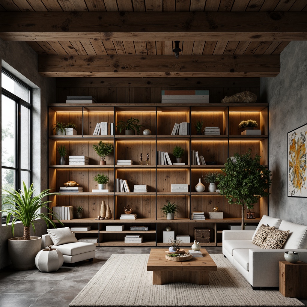 Prompt: Industrial-chic living room, open shelving units, reclaimed wood planks, metal framework, minimalist decor, natural stone flooring, modern sofa, greenery accents, warm ambient lighting, shallow depth of field, 3/4 composition, realistic textures, soft focus, cozy atmosphere.