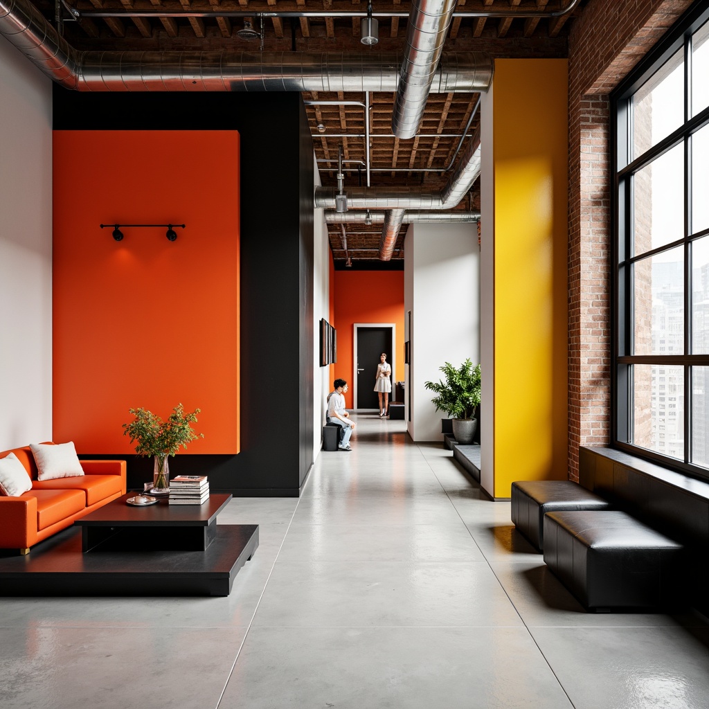 Prompt: Vibrant color scheme, bold geometric shapes, primary colors, bright whites, deep blacks, industrial materials, exposed brick walls, polished metal accents, minimalist decor, functional furniture, clean lines, rectangular forms, urban loft atmosphere, natural light, indirect lighting, 1/1 composition, high contrast ratio, dramatic shadows, avant-garde spirit.