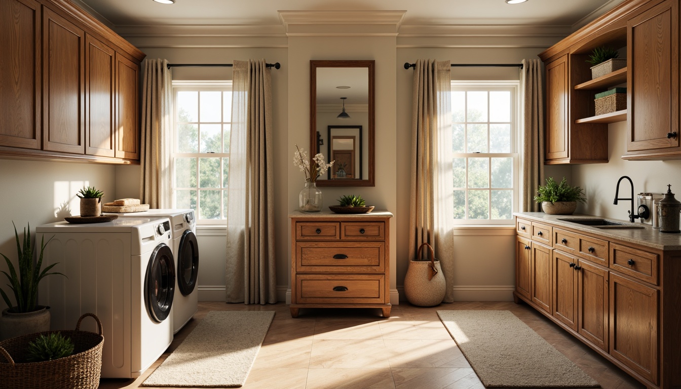 Prompt: Cozy traditional laundry room, warm wooden cabinetry, soft cream-colored walls, plush area rugs, elegant crown molding, antique bronze fixtures, vintage-inspired washing machines, distressed wood accents, woven baskets, natural linen fabrics, warm task lighting, shallow depth of field, 1/1 composition, intimate atmosphere, realistic textures, ambient occlusion.