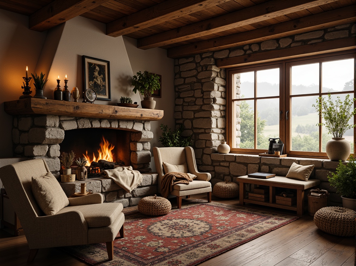 Prompt: Rustic country cottage, stone-textured walls, earthy brown color palette, natural wood accents, wooden beams, vintage furniture, cozy fireplace, warm candlelight, soft blankets, woven baskets, potted plants, distressed wood shelves, antique decorations, scenic countryside views, misty morning atmosphere, gentle warm lighting, 1/1 composition, shallow depth of field, realistic textures.