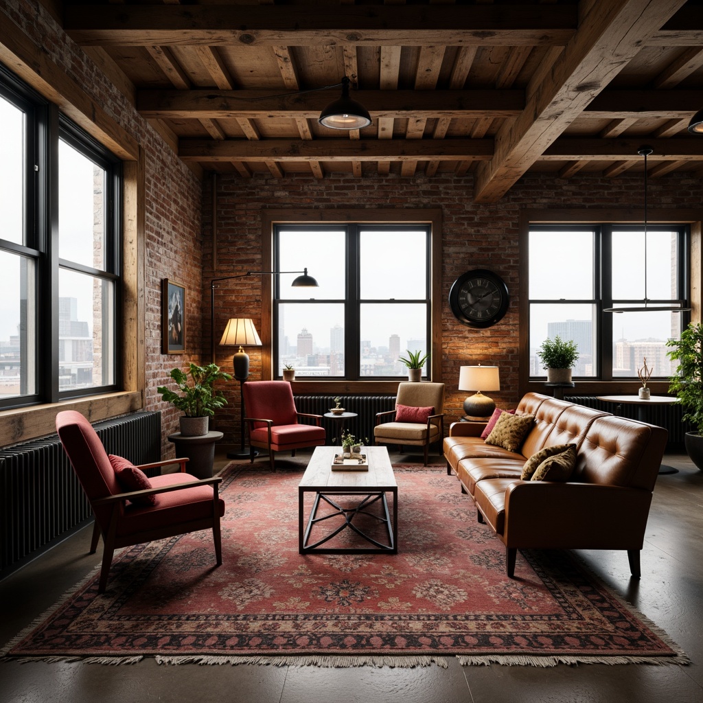 Prompt: Rustic wooden beams, exposed brick walls, vintage industrial lighting, distressed leather sofas, reclaimed wood coffee tables, metal frame chairs, ornate velvet armchairs, richly textured rugs, floor-to-ceiling windows, cityscape views, soft warm lighting, 1/1 composition, intimate atmosphere, luxurious fabrics, elegant decorative accents, modern minimalist decor, eclectic art pieces, urban loft ambiance, high ceilings, open spaces, airy feel, natural materials, earthy color palette.