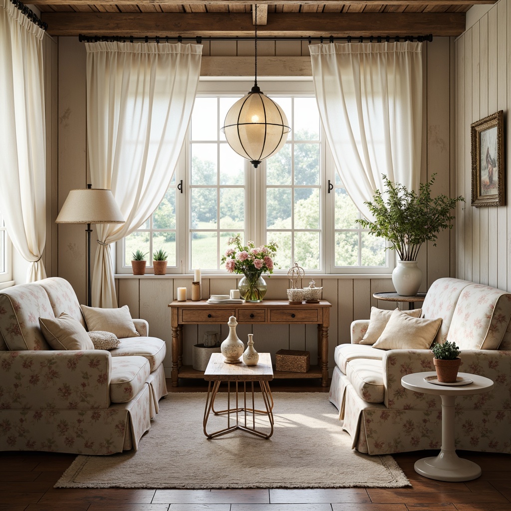 Prompt: Distressed wooden furniture, soft pastel colors, vintage floral patterns, lace curtains, ruffled fabrics, ornate metal frames, antique accessories, distressed finishes, rustic wooden beams, creamy whites, warm candlelight, subtle textures, gentle color palette, feminine touches, elegant curves, romantic ambiance, natural materials, worn edges, faded elegance.