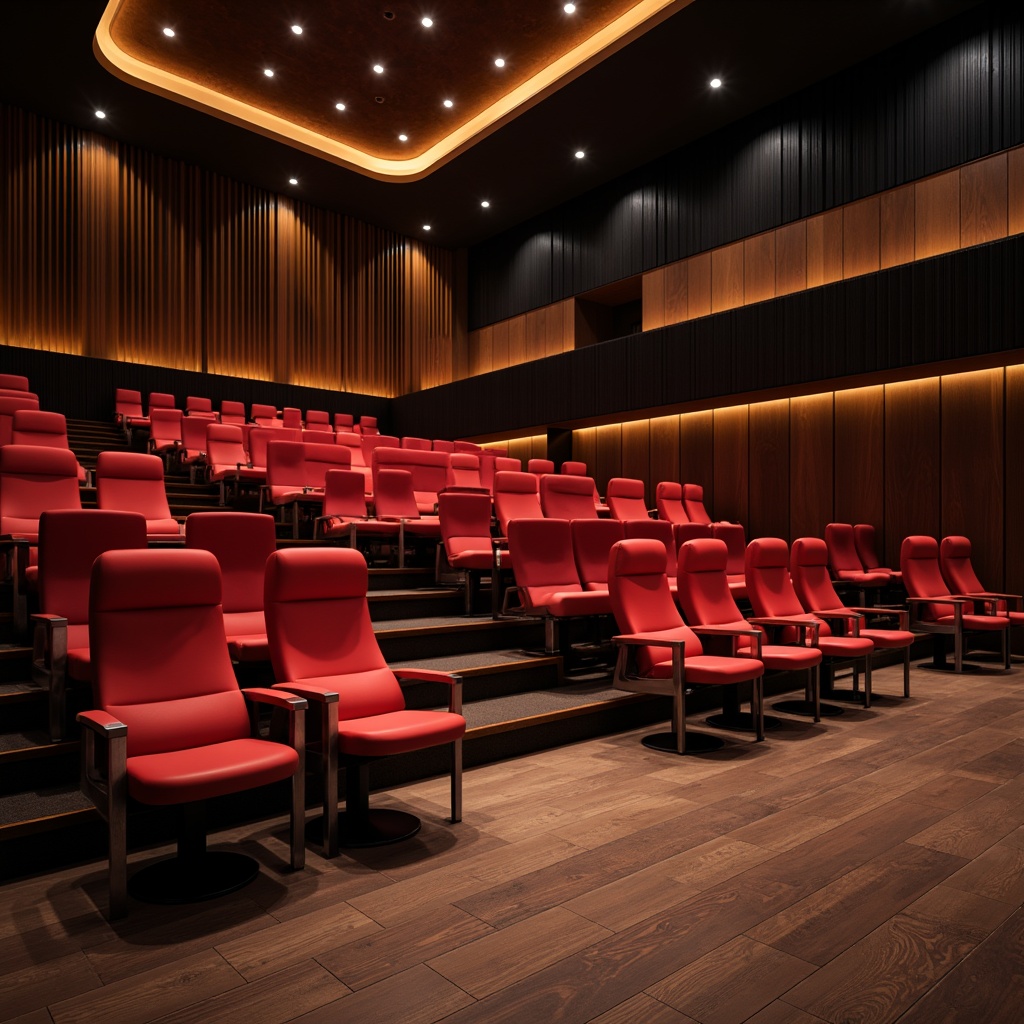 Prompt: Modern theater interior, sleek contemporary style, innovative seating arrangement, curved rows, ergonomic chairs, vibrant red upholstery, metallic leg details, polished wooden floors, minimalistic decor, subtle ambient lighting, soft warm glow, 3/4 composition, shallow depth of field, realistic textures, cinematic atmosphere, dramatic spotlights, luxurious VIP areas, grand chandelier, ornate ceiling details.