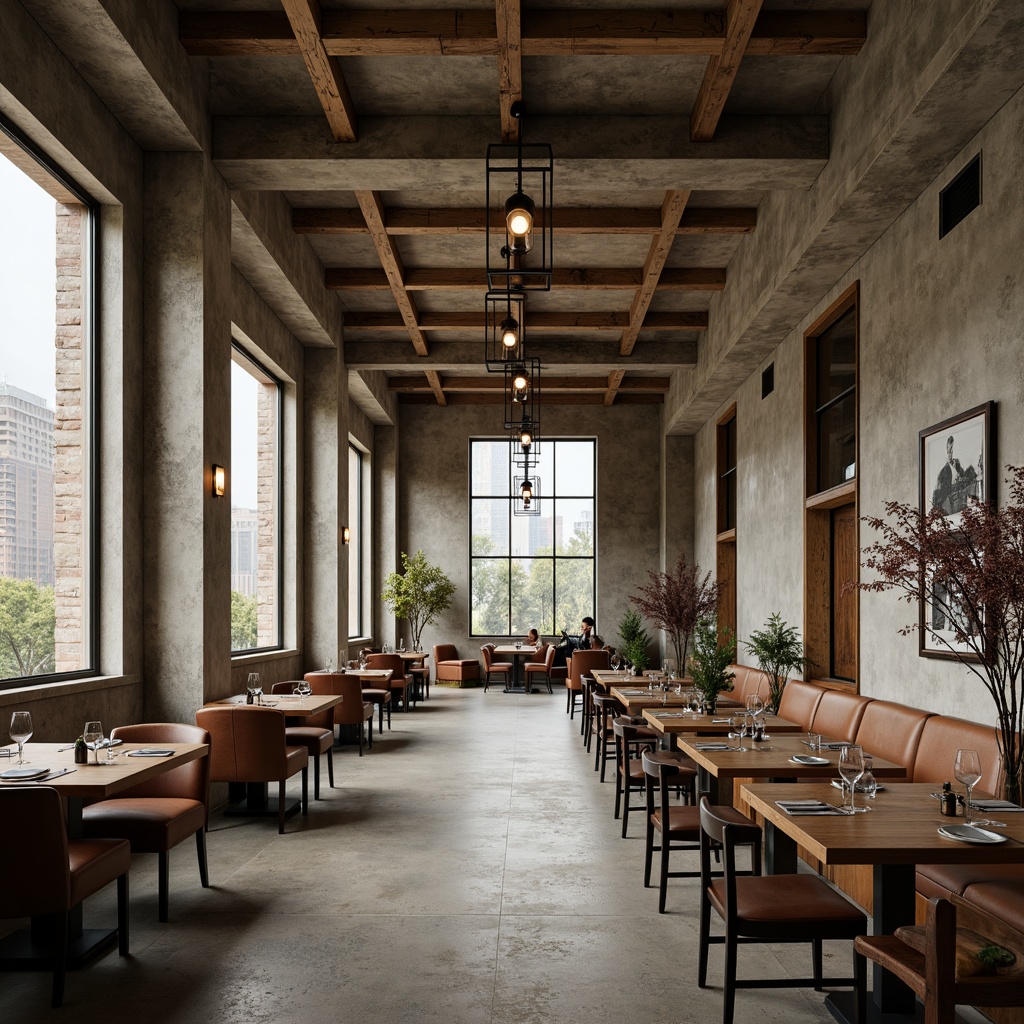 Prompt: Rustic brutalist dining area, exposed concrete walls, raw metal beams, industrial-style lighting fixtures, reclaimed wood accents, earthy tone color palette, warm beige tones, cool grey undertones, rich brown leather upholstery, metallic silver hardware, minimalist decor, urban loft ambiance, natural stone flooring, oversized windows, dramatic vertical space, atmospheric high ceilings, bold architectural lines, geometric patterns, moody ambient lighting, 1/2 composition, cinematic depth of field.