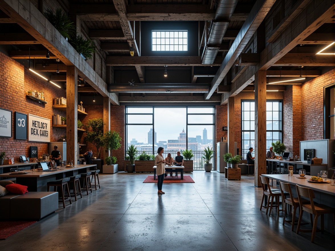 Prompt: Industrial chic factory building, exposed brick walls, metal beams, polished concrete floors, minimalist decor, functional lighting, open layouts, flexible workspaces, collaborative areas, modern industrial equipment, sleek machinery, neon signage, urban cityscape views, cloudy sky, soft natural light, shallow depth of field, 3/4 composition, realistic textures, ambient occlusion.