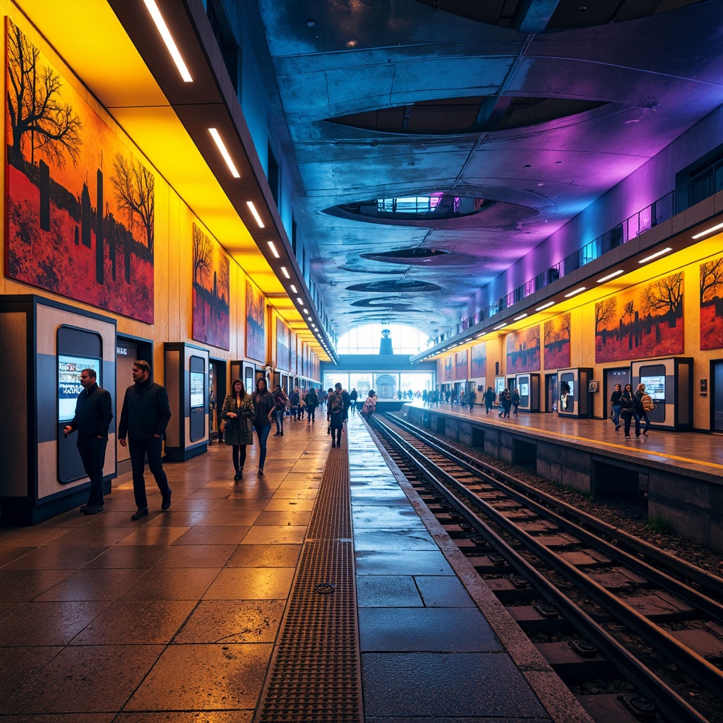 Prompt: Vibrant metro station, bold expressionist architecture, contrasting colors, bright blue accents, warm yellow lighting, deep orange hues, rich purple tones, abstract geometric patterns, dynamic brushstrokes, urban cityscape, busy commuter atmosphere, modern transportation hub, sleek metallic surfaces, industrial concrete textures, dramatic shadows, high-contrast lighting, cinematic composition, 1-point perspective, atmospheric fog effect.