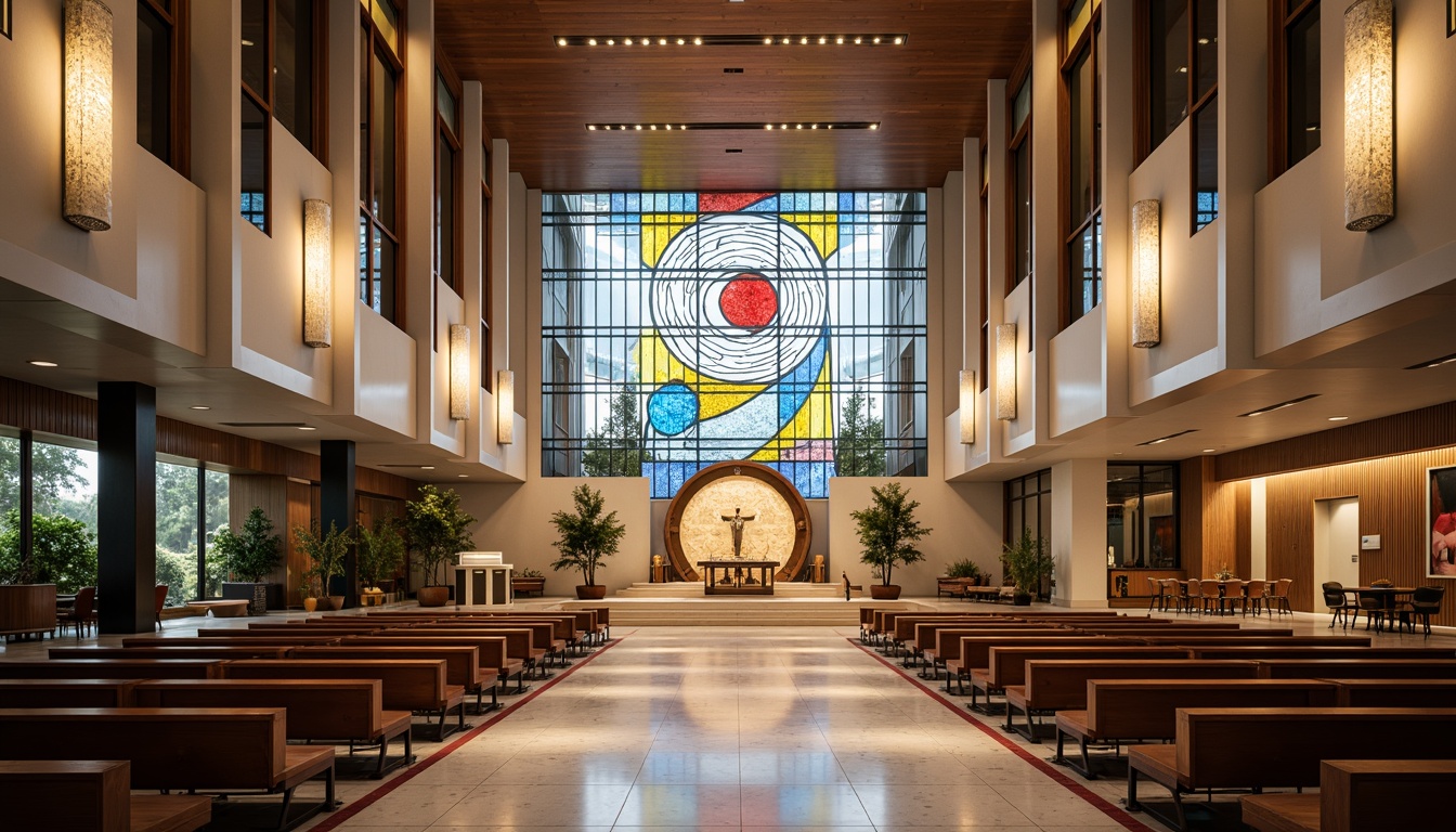 Prompt: Modern church interior, sleek lines, minimalist decor, high ceilings, stained glass windows, abstract patterns, soft warm lighting, LED ambient lights, suspended pendant lamps, circular chandeliers, polished marble floors, natural stone walls, wooden pews, contemporary altar design, vibrant colorful textiles, intricate geometric motifs, 3/4 composition, shallow depth of field, realistic textures, ambient occlusion.