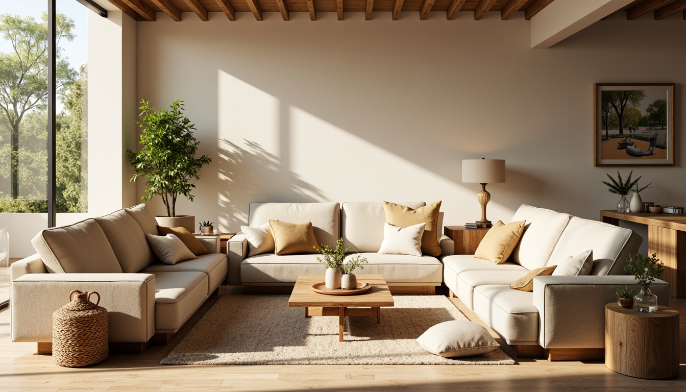 Prompt: Cozy living room, plush couches, soft velvety textures, warm beige tones, oversized pillows, wooden coffee tables, modern minimalist decor, floor-to-ceiling windows, natural sunlight, gentle breeze, peaceful atmosphere, comfortable seating, ergonomic chairs, reclining sofas, soft pastel colors, woven baskets, potted plants, subtle patterns, 1/1 composition, warm golden lighting, shallow depth of field.