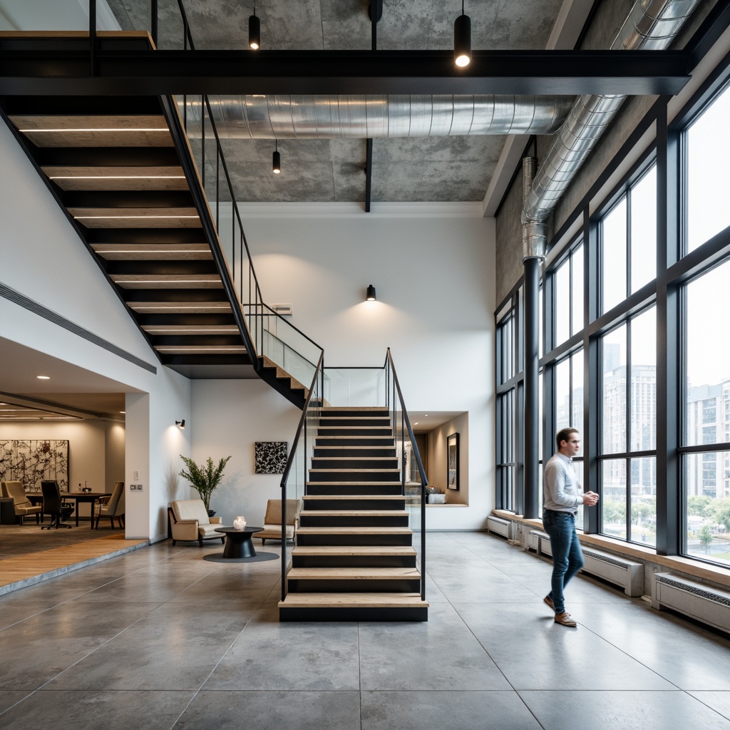 Prompt: Floating staircase, transparent glass railings, minimalist metal framework, open-plan layout, industrial-chic ambiance, polished concrete floors, exposed ductwork, sleek LED lighting, monochromatic color scheme, airy atmosphere, abundant natural light, floor-to-ceiling windows, urban loft-inspired setting, geometric-shaped decorations, subtle textures, 1/1 composition, soft focus effect, ambient shadows, realistic reflections.