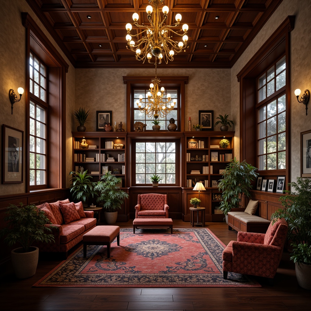 Prompt: Academic building interior, rich wood accents, plush upholstery, velvet fabrics, tufted patterns, ornate wooden chairs, leather-bound books, rustic stone walls, grand chandeliers, stained glass windows, warm golden lighting, soft focus blur, shallow depth of field, 1/2 composition, elegant lines, classic architectural details, sophisticated textures, atmospheric ambiance.