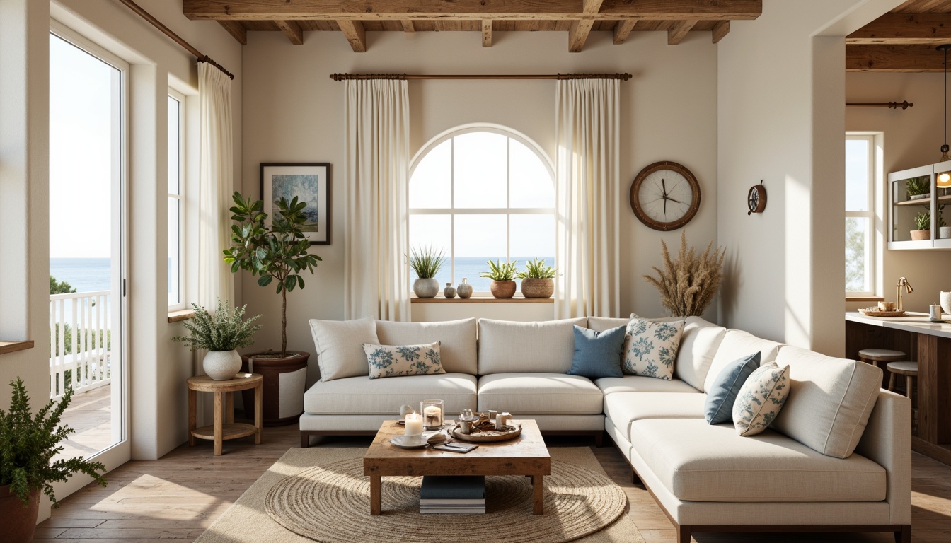 Prompt: Coastal-themed living room, soft sandy beige walls, natural woven textiles, linen upholstery, driftwood coffee table, coral-inspired patterns, ocean-blue accent pillows, sea-salt scented candles, distressed wood flooring, vintage nautical instruments, porthole windows, sheer white curtains, beachy vibe, warm sunny day, shallow depth of field, 1/1 composition, realistic textures, ambient occlusion.