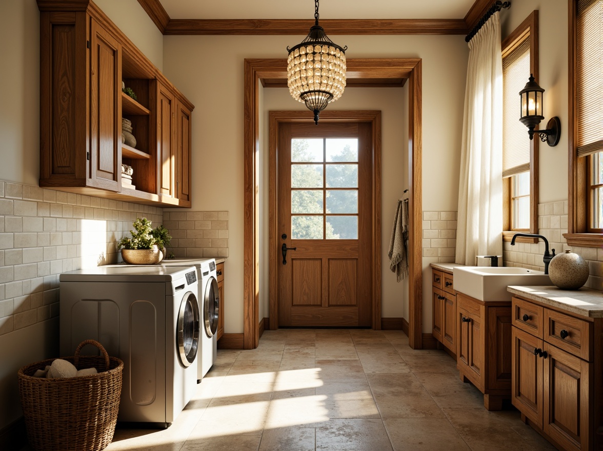 Prompt: Warm traditional laundry room, soft creamy walls, rustic wooden cabinets, vintage metal washing machines, woven wicker baskets, distressed wood flooring, warm beige countertops, classic ceramic tiles, elegant crystal chandeliers, soft warm lighting, ambient glow, subtle shadows, cozy atmosphere, natural daylight, sheer curtains, ornate ironwork, decorative lanterns, classic bronze fixtures.