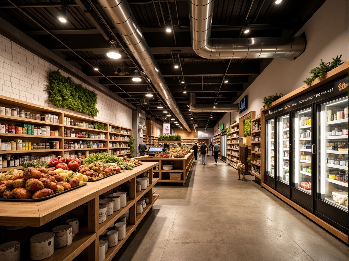 Prompt: Vibrant grocery store interior, rustic wooden shelves, earthy tone concrete floors, exposed ductwork ceiling, modern industrial lighting fixtures, sleek metal shelving units, artisanal food displays, natural stone accent walls, reclaimed wood feature walls, distressed finishes, warm ambient lighting, 1/1 composition, shallow depth of field, realistic textures, soft focus effect.