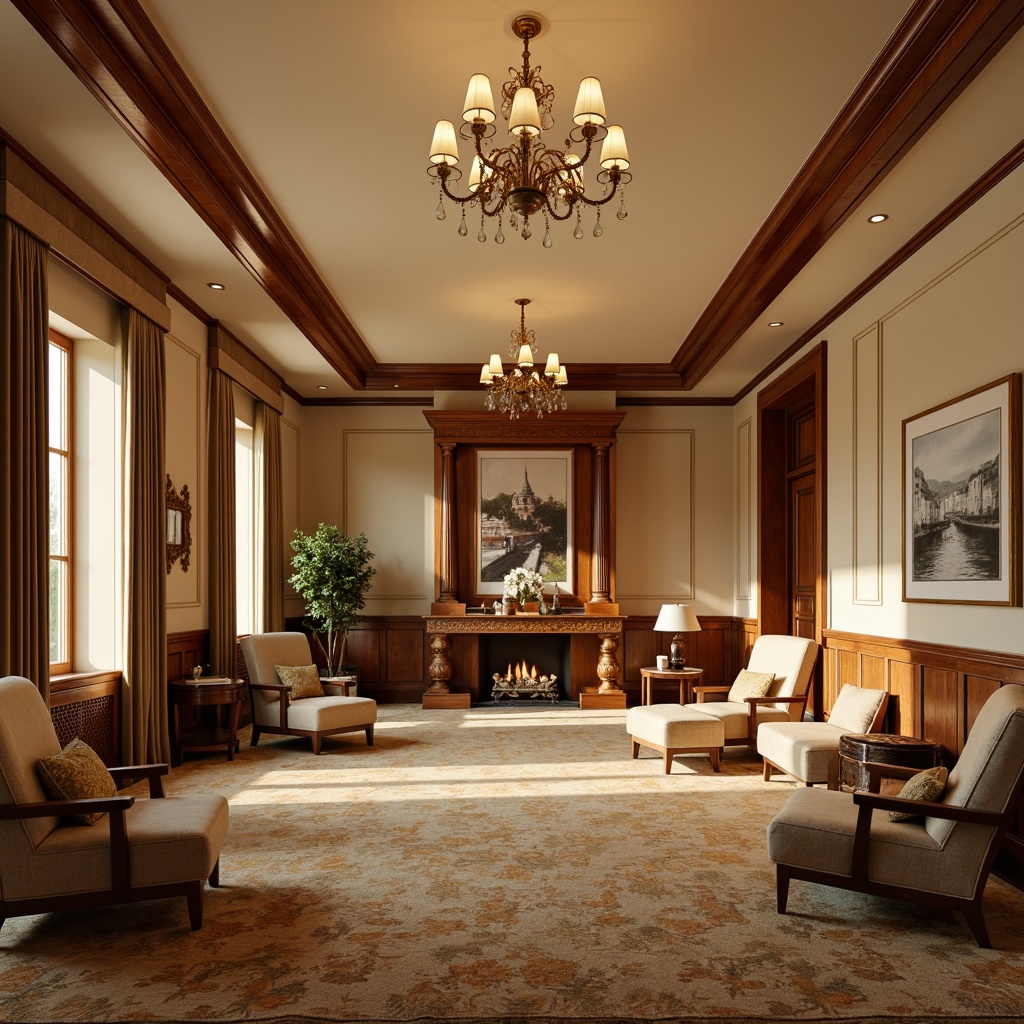 Prompt: Warm beige walls, rich wood paneling, ornate moldings, luxurious fabrics, velvety soft carpets, elegant chandeliers, sophisticated furnishings, classic traditional designs, opulent textures, subtle sheen, warm ambient lighting, inviting atmosphere, comfortable seating areas, lavish decorations, ornamental accessories, refined color palette, sophisticated patterns, intricate details, 3/4 composition, shallow depth of field, realistic renderings.