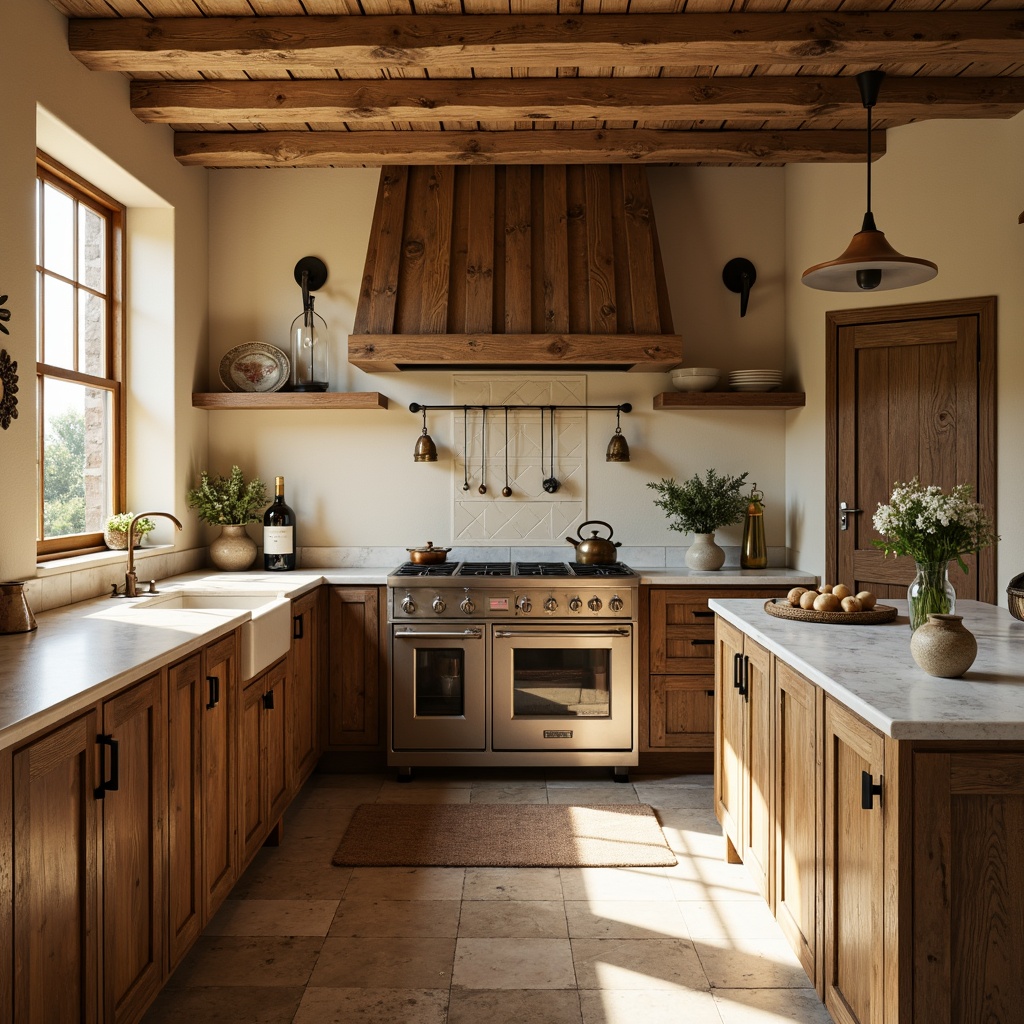 Prompt: Rustic kitchen, distressed wood cabinetry, soft cream countertops, fleur-de-lis patterns, warm beige walls, vintage bronze hardware, ornate wooden range hoods, natural stone flooring, earthy color palette, soft golden lighting, 3/4 composition, realistic textures, ambient occlusion.