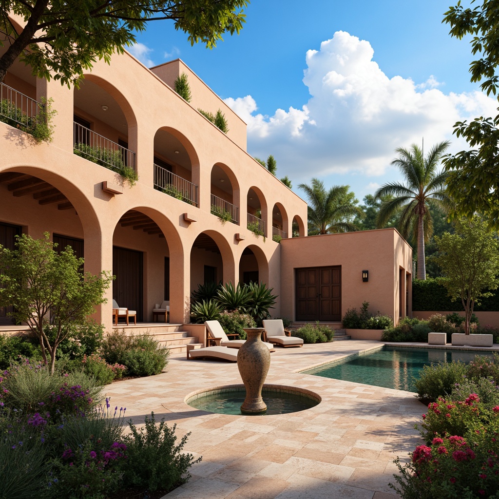 Prompt: Warm Mediterranean villa, curved archways, ornate tiles, lush greenery, blooming flowers, tranquil water features, outdoor seating areas, natural stone pathways, wrought iron railings, soft warm lighting, shallow depth of field, 3/4 composition, panoramic view, realistic textures, ambient occlusion, blue sky, fluffy white clouds, gentle breeze, rustic wooden doors, earthy color palette, ceramic vases, ornate fountains, intimate outdoor spaces, fragrant herb gardens.