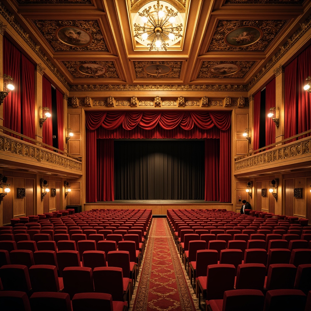 Prompt: Richly ornamented traditional style performing arts center, grand high ceilings, ornate chandeliers, luxurious velvet curtains, wooden paneling, intricate carvings, acoustic panels with elegant fabric wrapping, sound-absorbing materials, warm golden lighting, plush red seats, classic architectural details, refined ambiance, subtle stage lighting, 1/2 composition, realistic textures, soft focus effect.