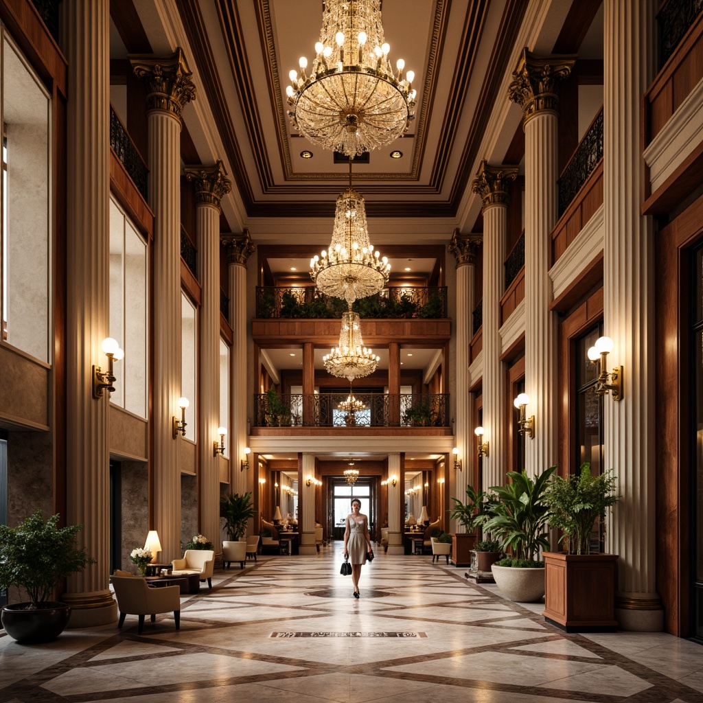 Prompt: Elegant banking hall, Corinthian columns, ornate capitals, polished marble floors, rich wood paneling, grand chandeliers, luxurious furnishings, intricate moldings, sophisticated color palette, subtle lighting accents, shallow depth of field, 2/3 composition, symmetrical architecture, classical proportions, refined textures, ambient occlusion.