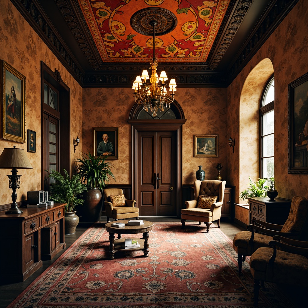 Prompt: Richly ornamented Victorian mansion, intricately carved wooden doors, ornate metalwork, lavish chandeliers, opulent furnishings, bold colorful tapestries, heavily textured stone walls, distressed finishes, vintage accessories, eclectic mix of antique and modern pieces, warm golden lighting, dramatic shadows, 1/1 composition, narrow depth of field, cinematic ambiance.