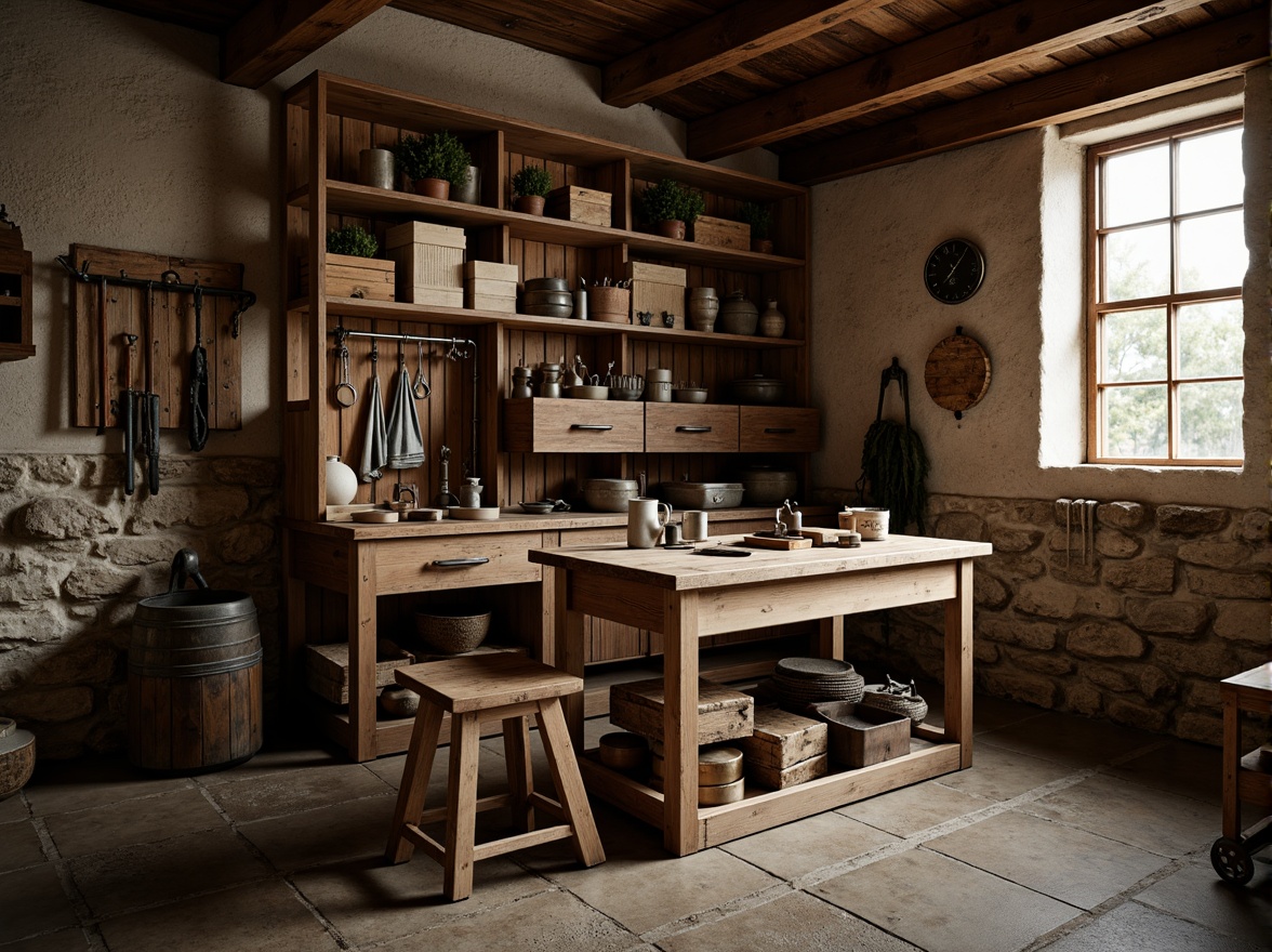 Prompt: Rustic workshop, wooden workbench, distressed finishes, vintage tools, metal hardware, earthy tones, natural textures, stone foundation, wooden crates, industrial lighting, warm ambiance, soft shadows, shallow depth of field, 2/3 composition, realistic wood grain, ambient occlusion.