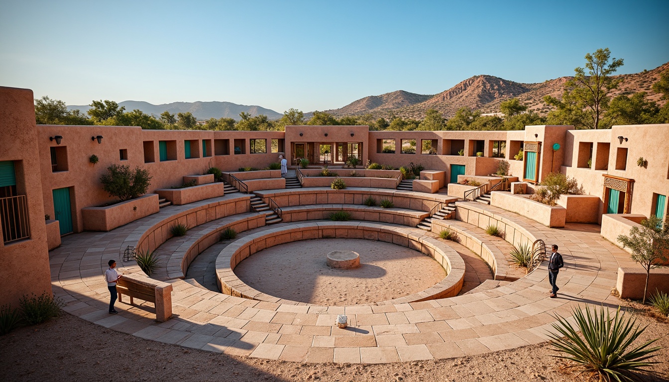 Prompt: Adobe brick amphitheater, curved rows of seating, vibrant turquoise accents, ornate metal railings, rustic wooden benches, natural stone flooring, desert landscape surroundings, cactus plants, sandy dunes, clear blue sky, warm sunny day, soft warm lighting, shallow depth of field, 3/4 composition, panoramic view, realistic textures, ambient occlusion, southwestern-inspired patterns, geometric motifs, earthy color palette, organic shapes, undulating curves.